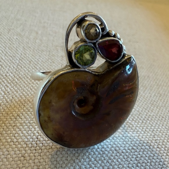 925 Sterling Fossil Ammonite Gemstone Ring Sz 8 - Picture 4 of 6